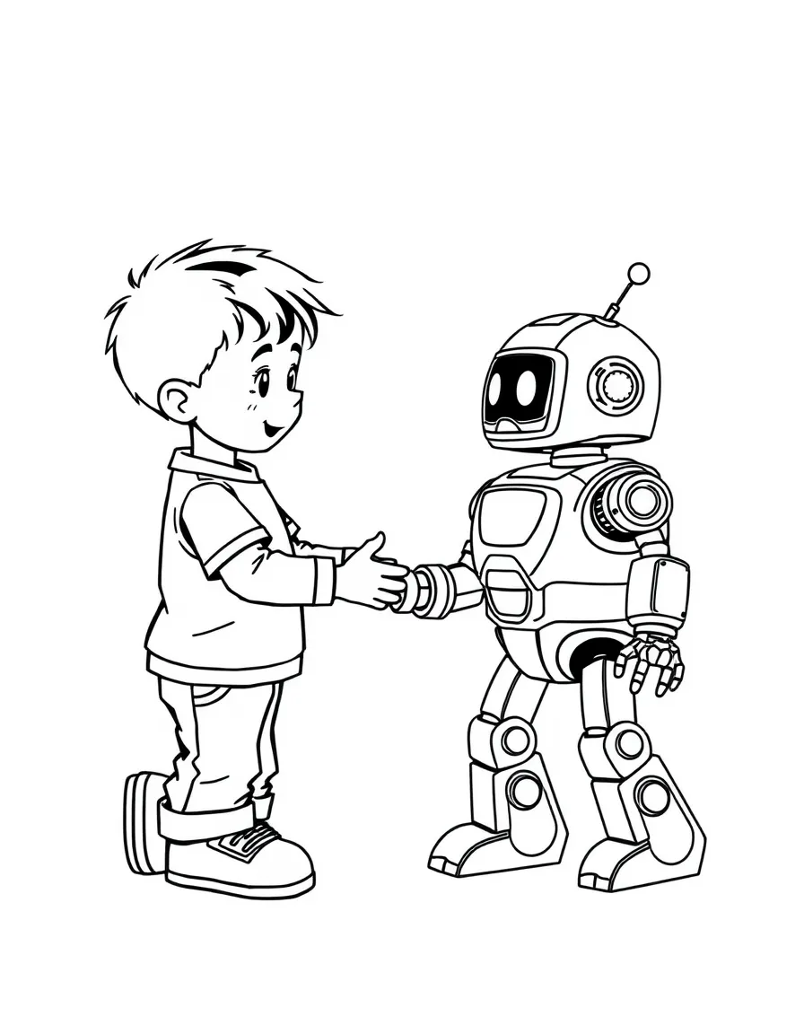 A boy playing with a toy robot, making it walk and talk.