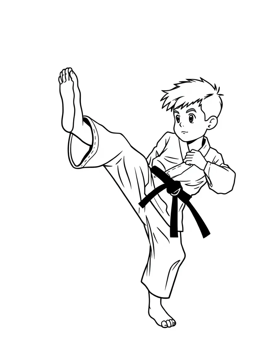 A boy in a karate uniform, doing a high kick with focus.