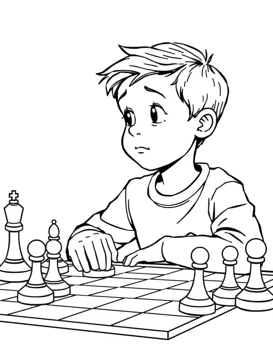 A boy playing checkers, thinking about his next move.