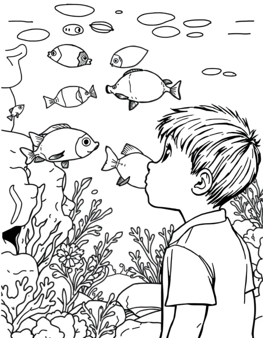A boy looking at fish in an aquarium, fascinated by their colors.