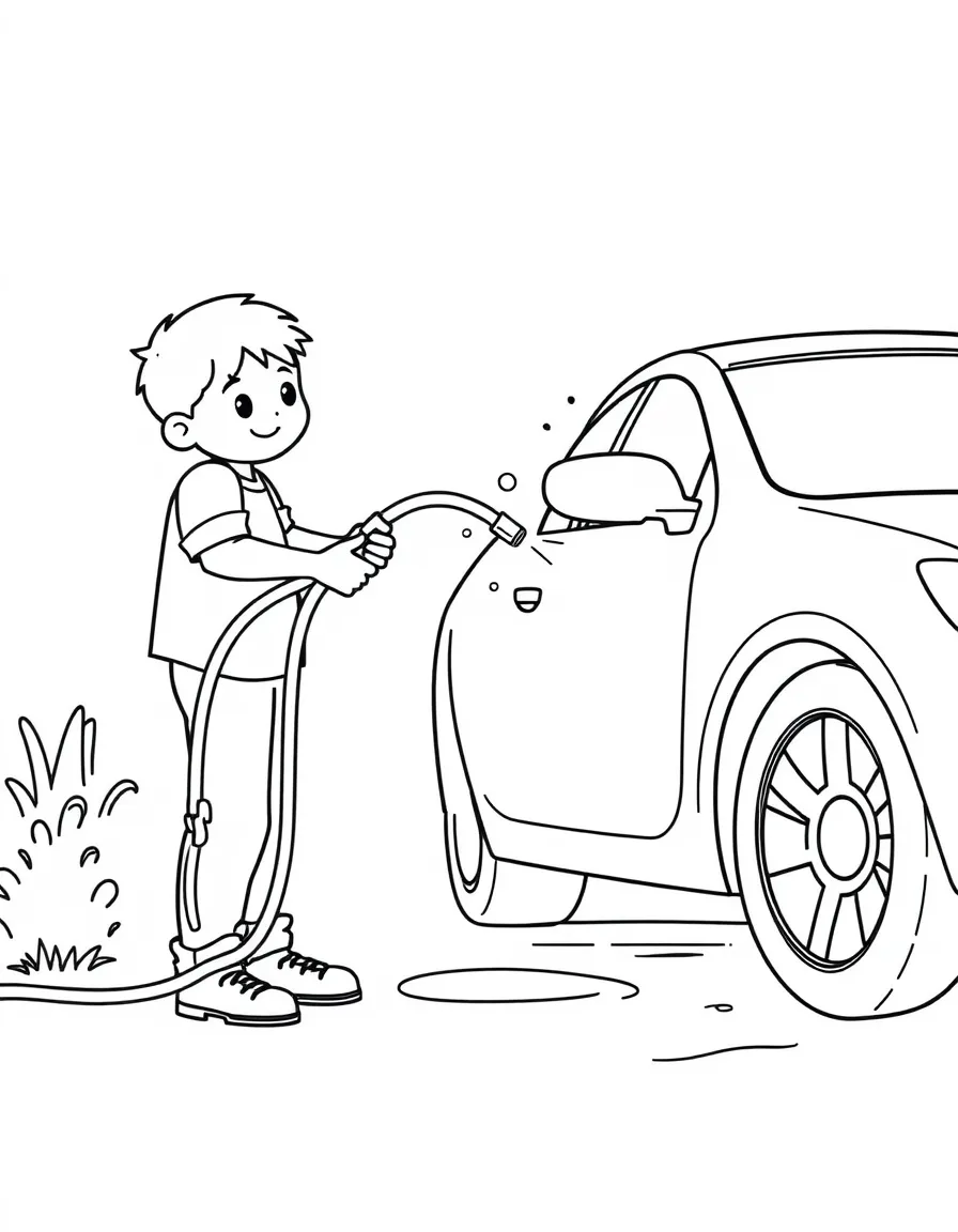 A boy helping his dad wash the car, holding the hose.