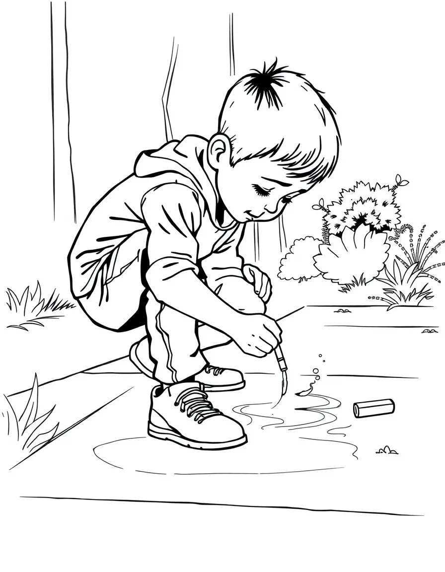 A boy drawing with chalk on the sidewalk, creating cool designs.