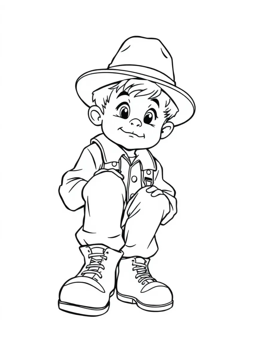 A boy trying on his dad's big shoes and hat, looking funny.