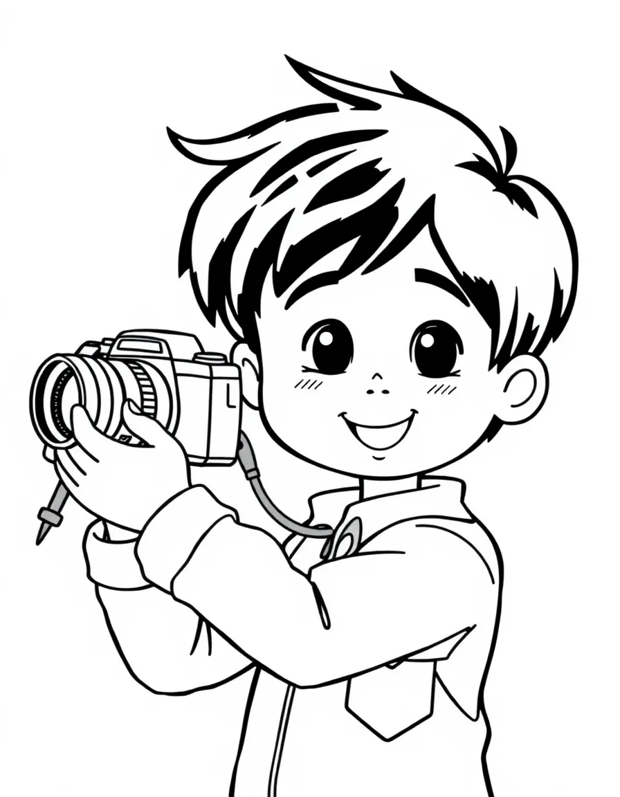 A boy pretending to be a photographer, holding a toy camera.