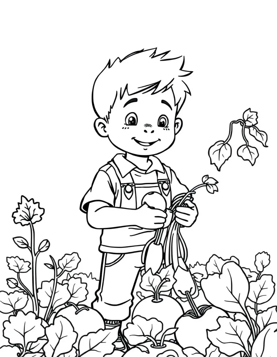 A boy in a garden, picking fresh vegetables.