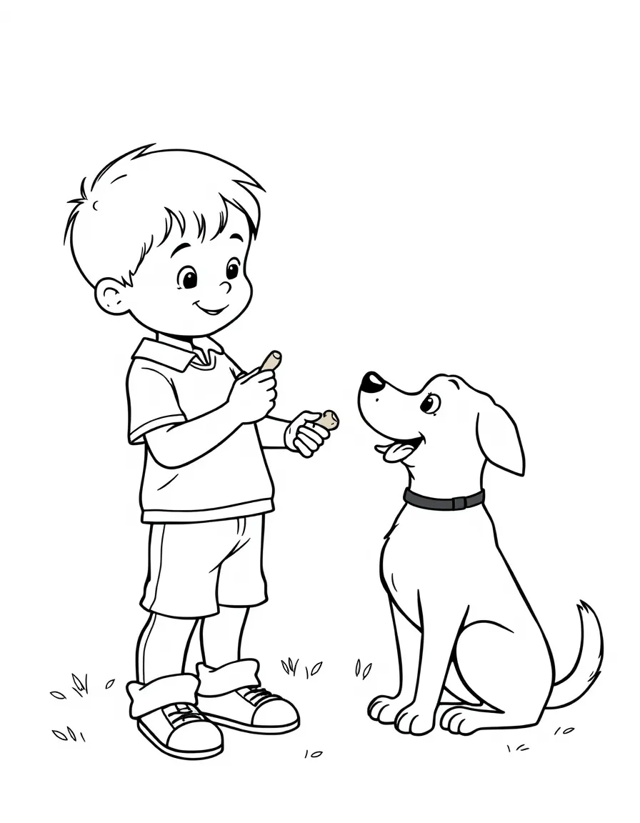 A boy teaching his pet dog tricks, holding a treat.