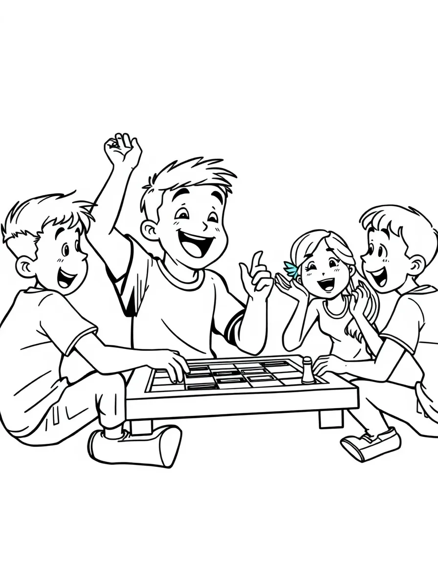A boy playing a board game with his friends, cheering when he wins.