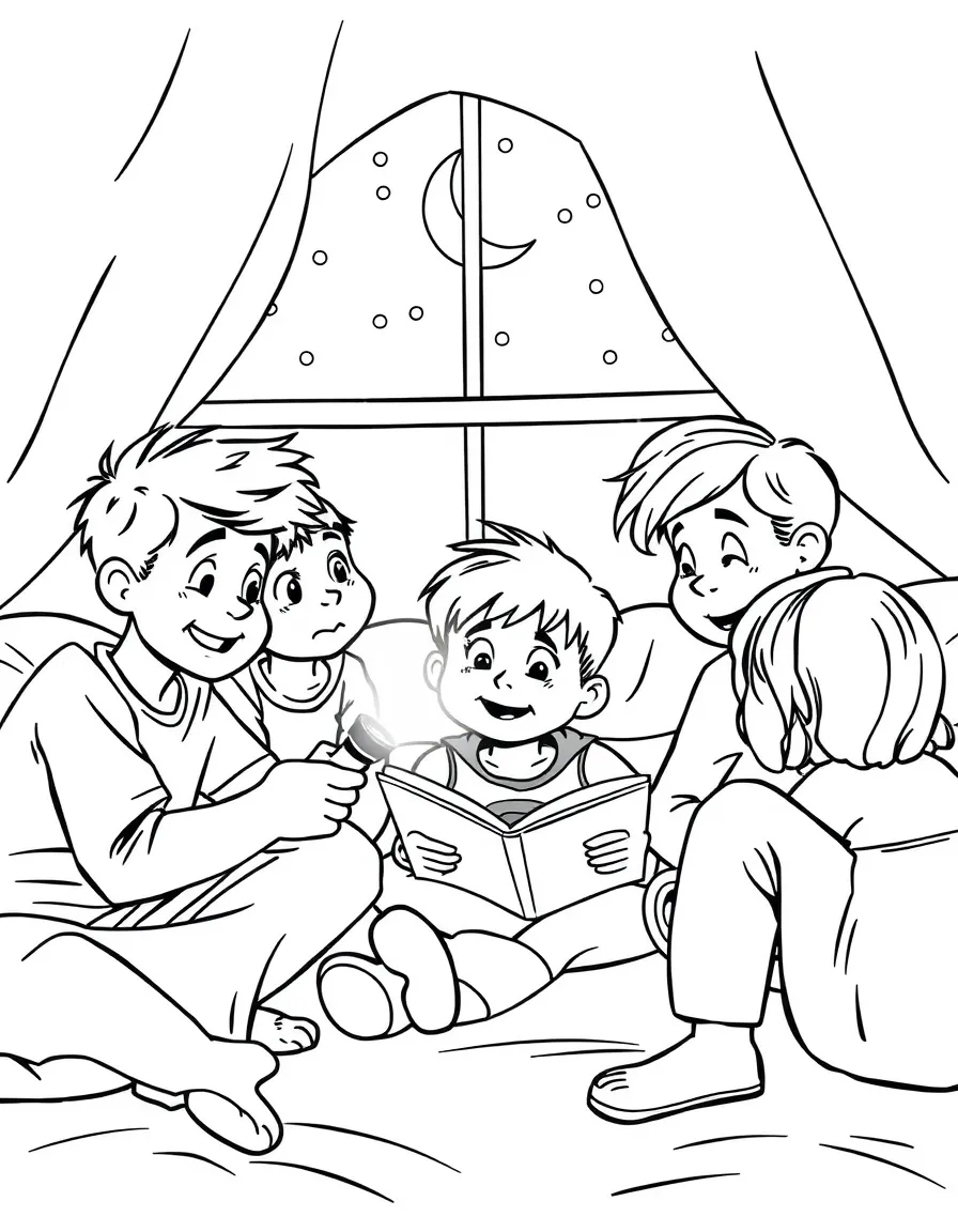 A boy having a sleepover with his friends, telling scary stories with a flashlight.