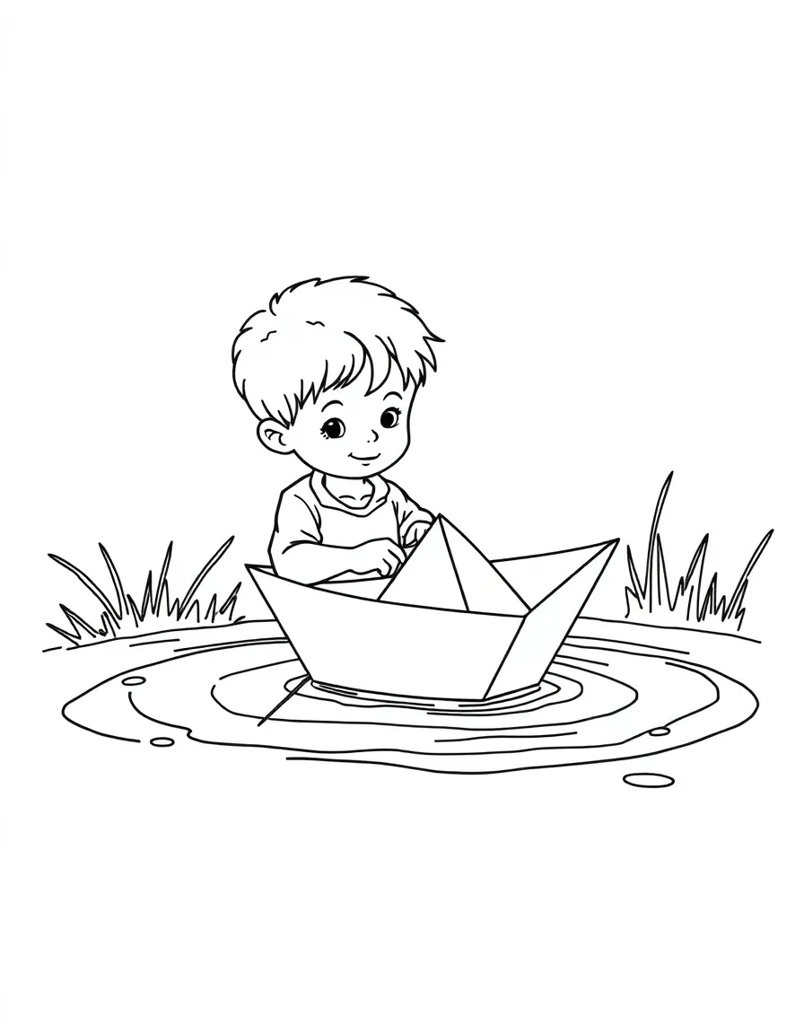 A boy making a paper boat and floating it in a puddle.