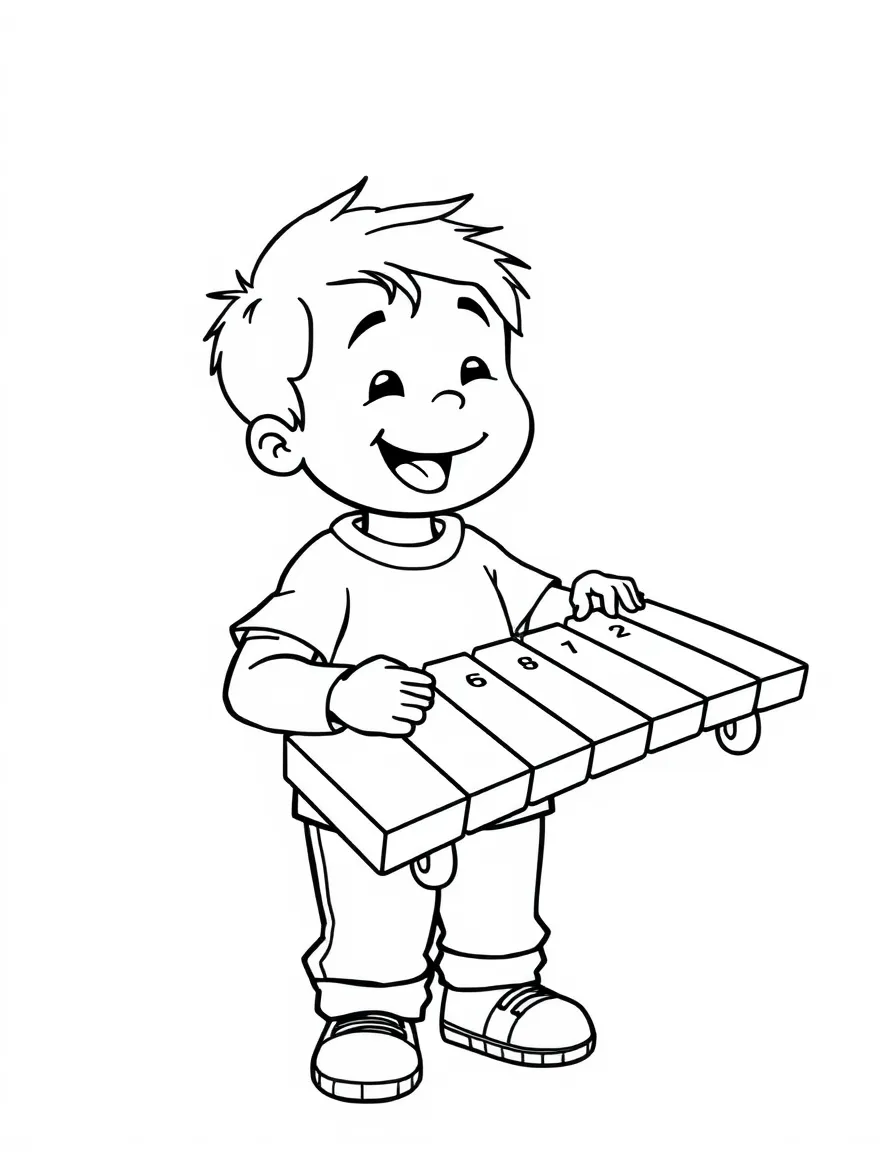 A boy playing a xylophone, making happy music.