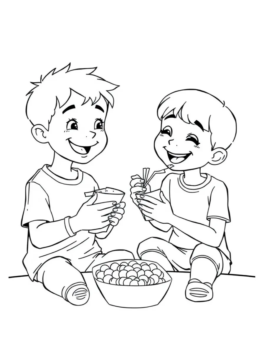A boy sharing his snacks with a friend, smiling.