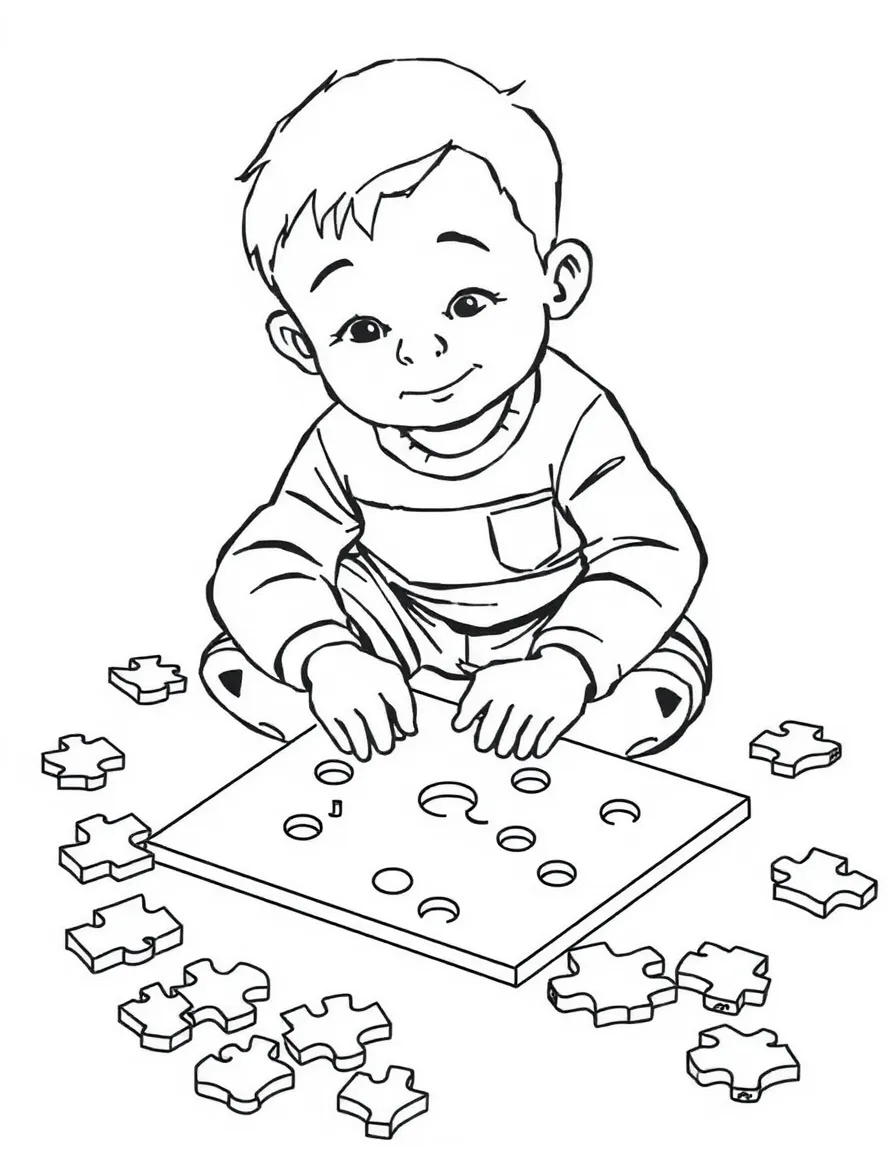 A boy doing a puzzle on the floor, surrounded by pieces.