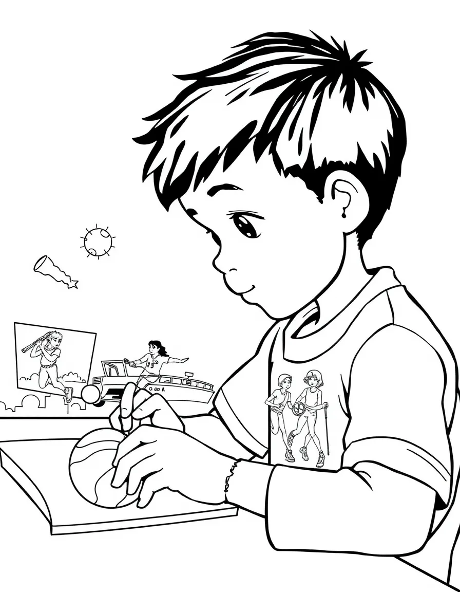 A boy making a collage with sports pictures.