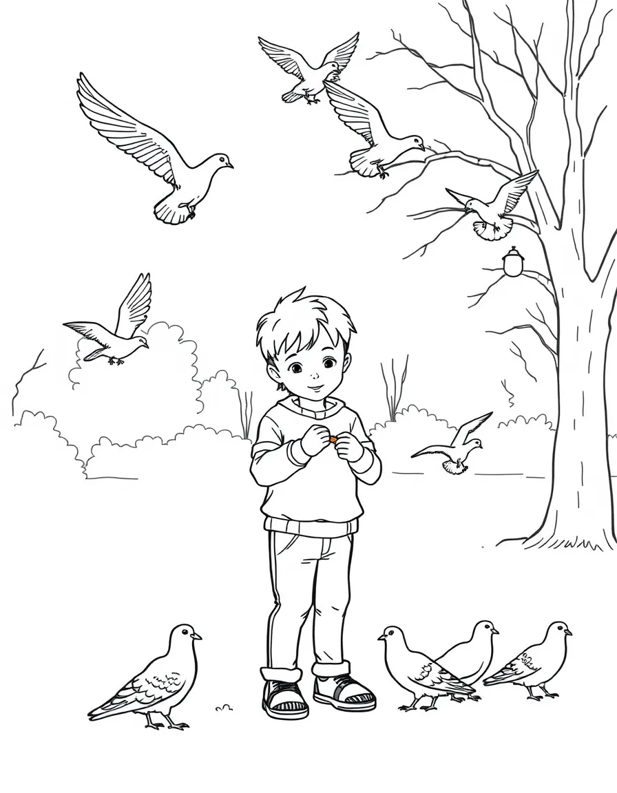 A boy feeding pigeons at a park, with birds flying around him.