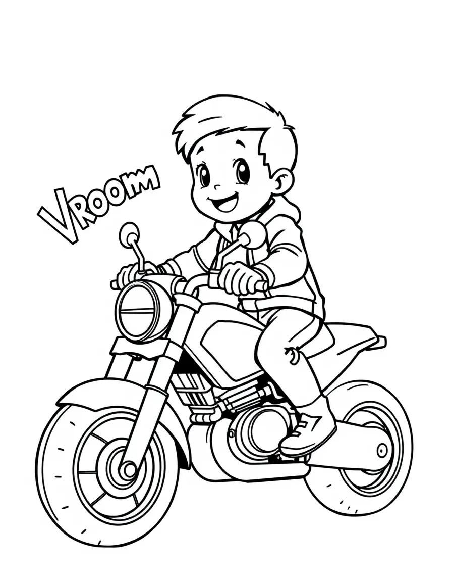 A boy riding a toy motorcycle, making vrooming sounds.