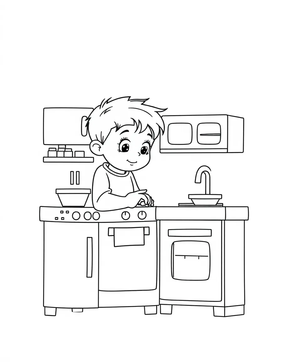 A boy playing with a toy kitchen, pretending to cook.