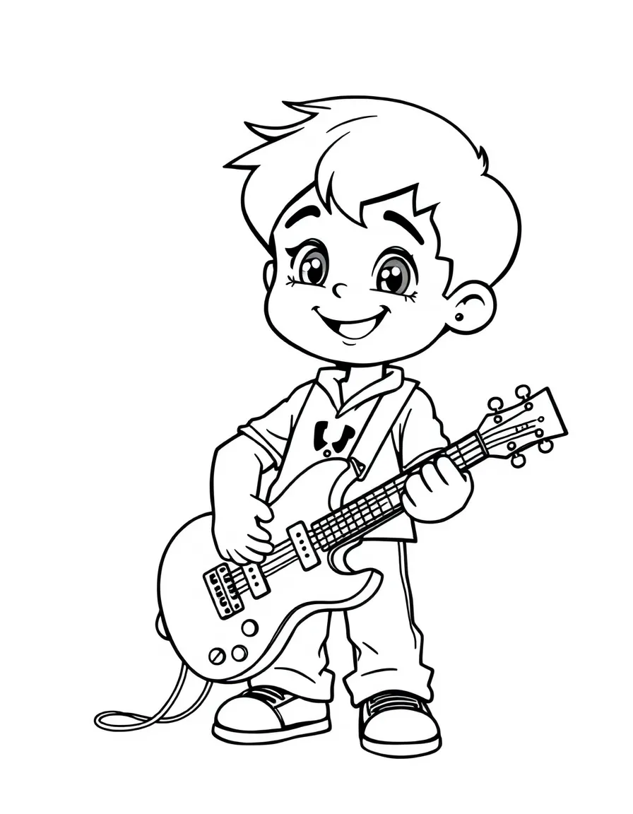 A boy pretending to be a rock star, holding a toy guitar.