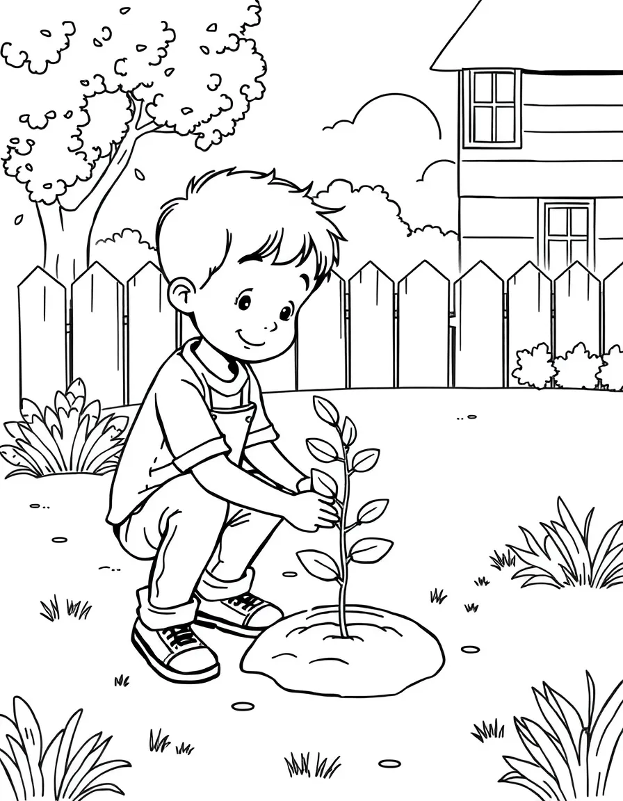 A boy planting a small tree in the backyard.