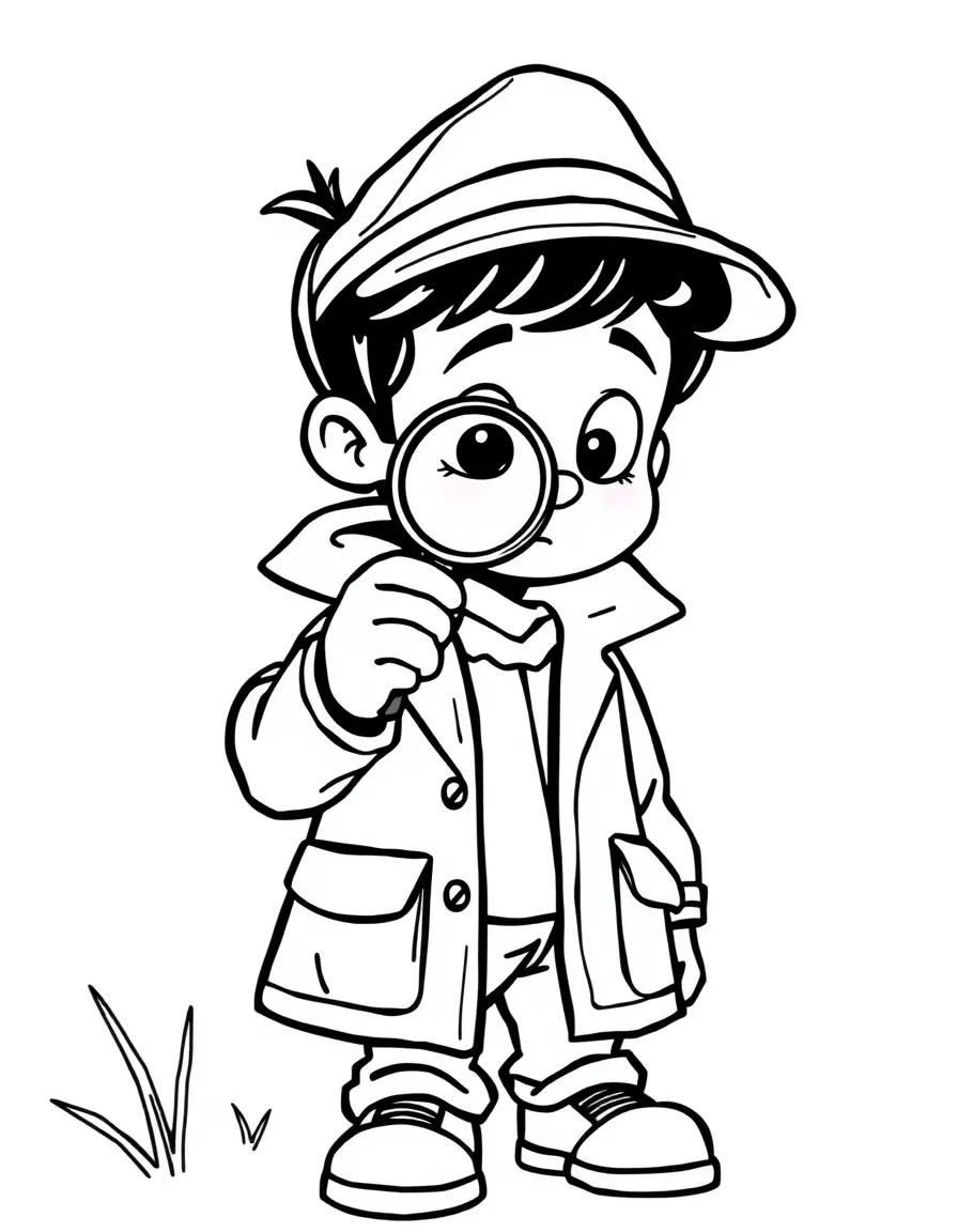 A boy pretending to be a detective, looking for clues with a magnifying glass.