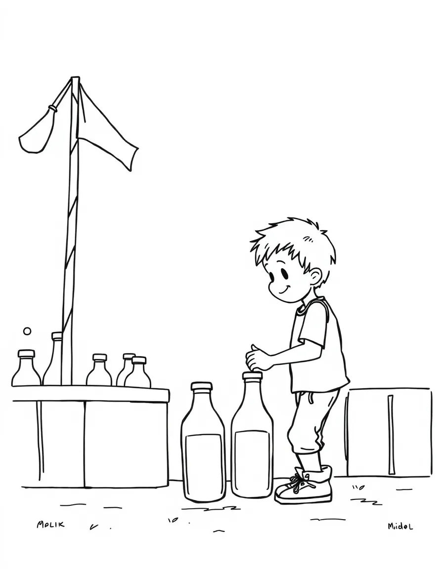 A boy at a fair, trying to knock down milk bottles with a ball.