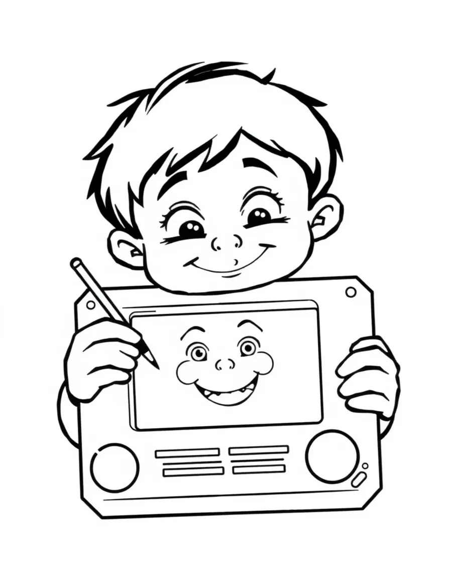 A boy drawing on an Etch-a-Sketch, creating a funny face.