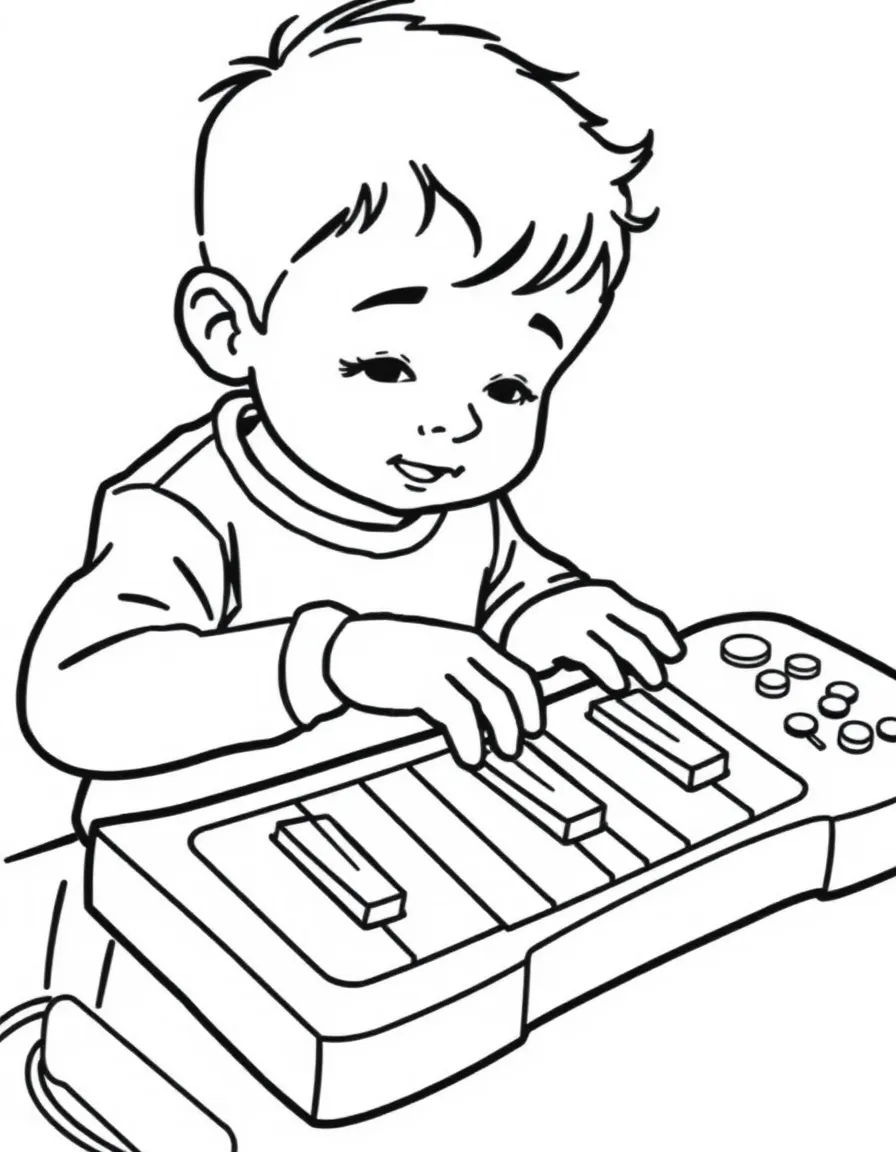 A boy playing a toy keyboard, pressing the keys.
