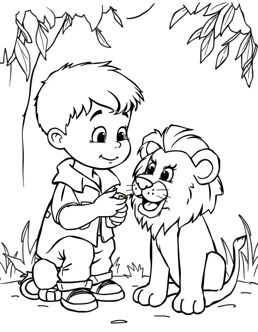 A boy pretending to be a zookeeper, feeding a toy lion.