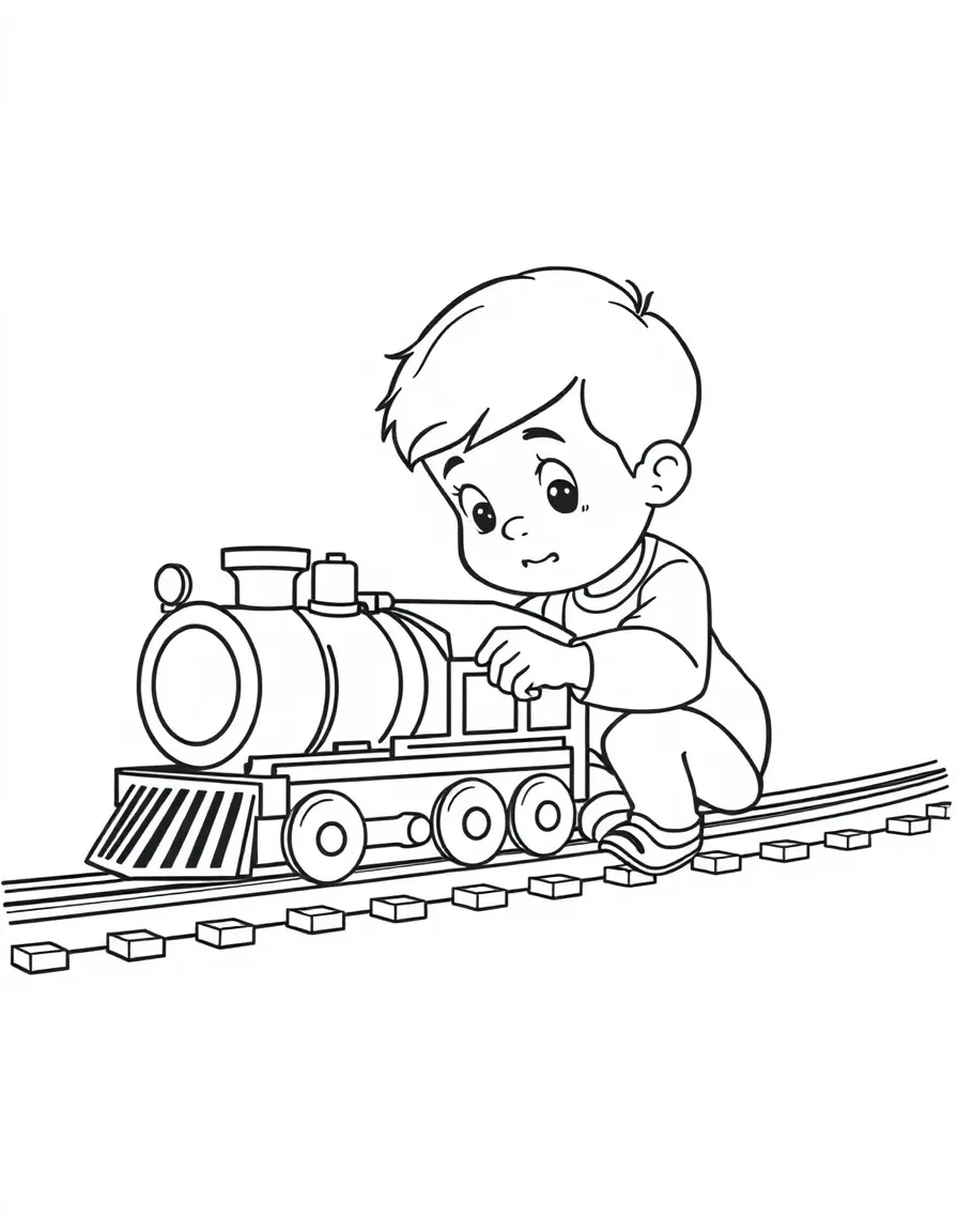 A boy playing with a toy train set, making the train go fast.