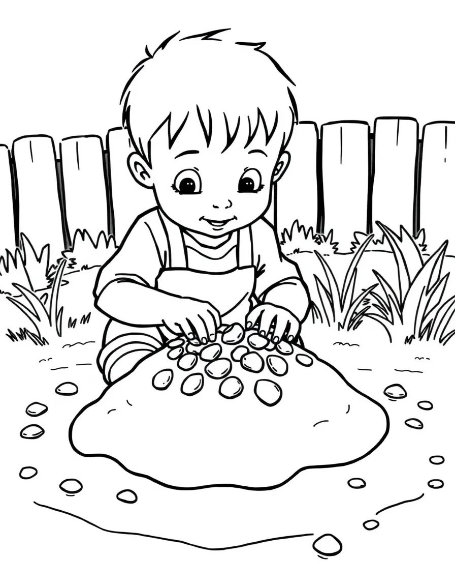 A boy making a "mud pie" in the backyard, decorating it with pebbles.