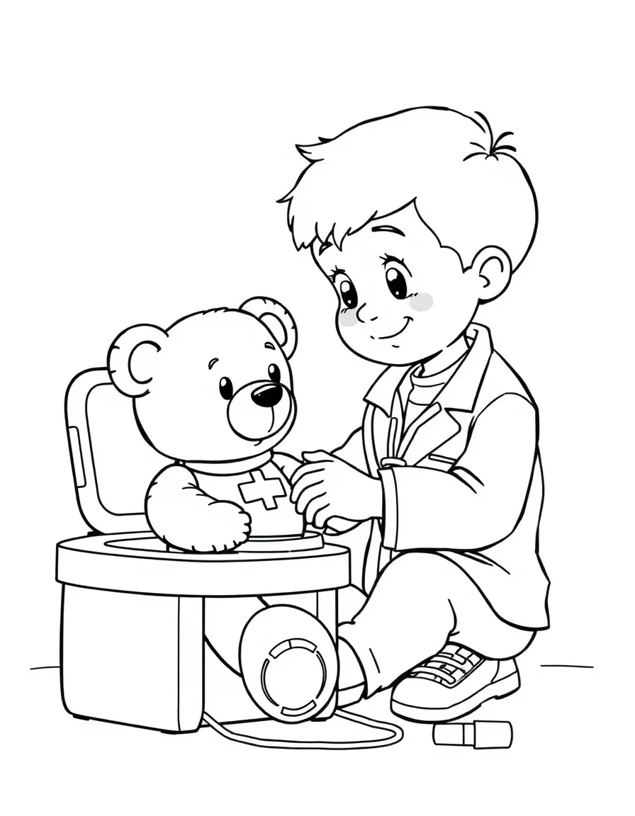 A boy playing with a toy doctor's kit, giving his teddy bear a check-up.