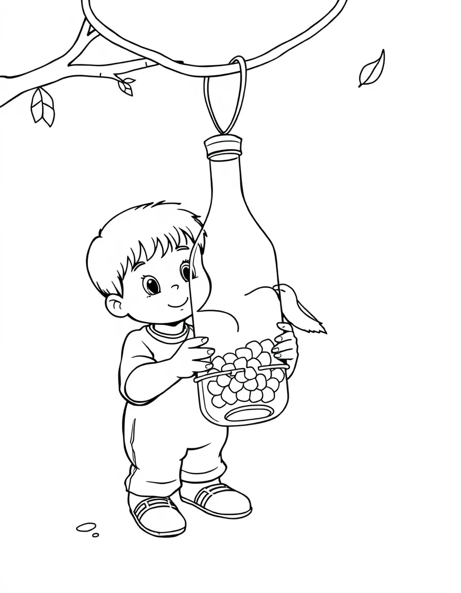 A boy making a bird feeder with a plastic bottle.