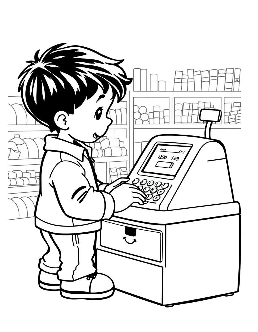 A boy playing with a toy cash register, scanning toy items.
