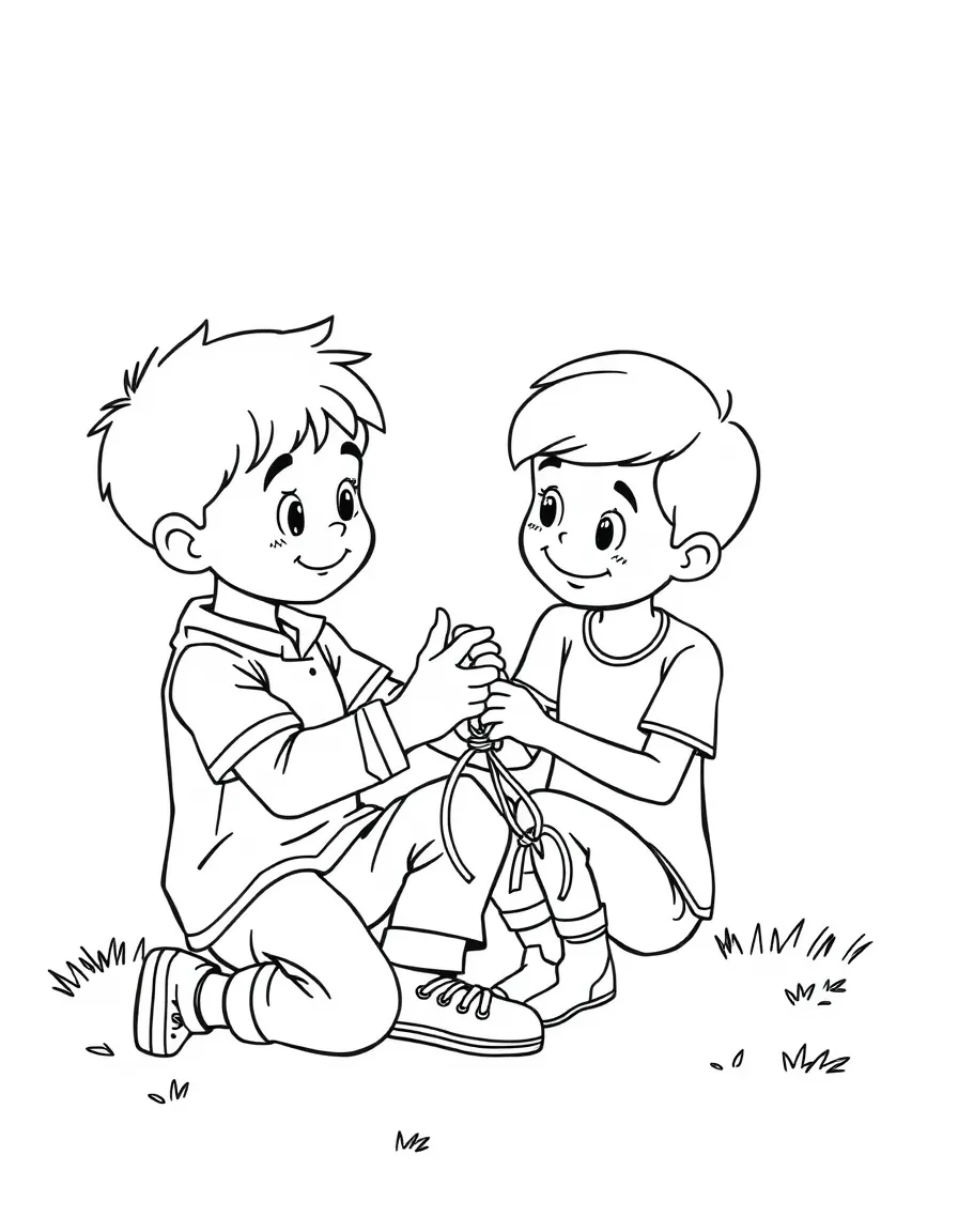 A boy making a friendship bracelet with his friend.
