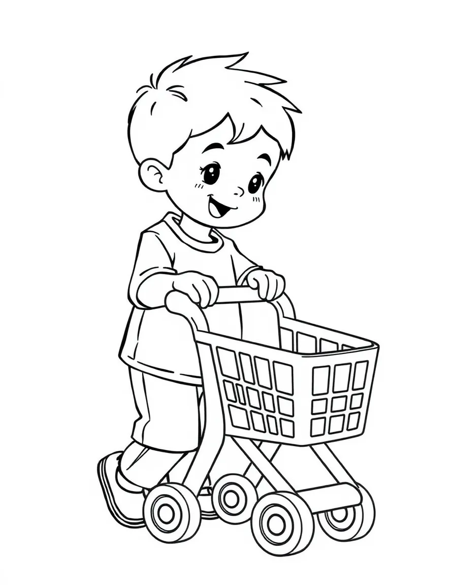 A boy playing with a toy grocery cart, pushing it around.