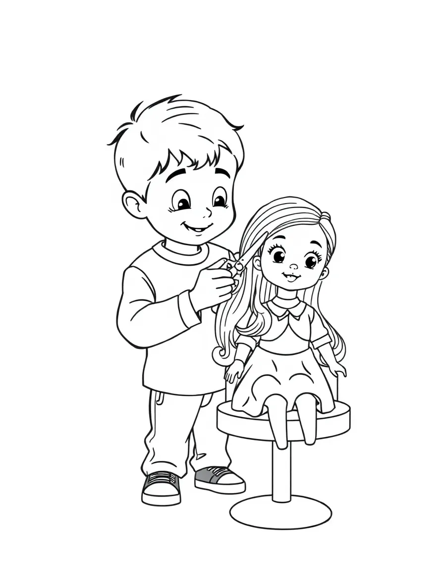 A boy pretending to be a hairstylist, cutting his doll's hair.