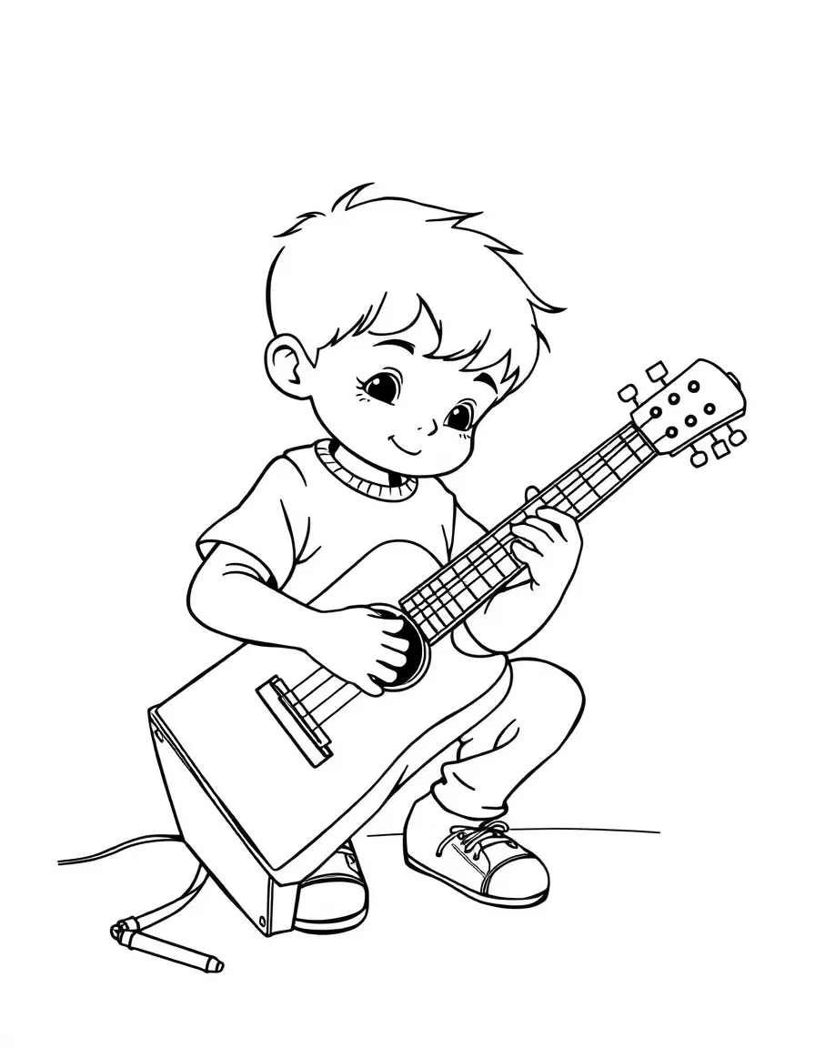 A boy making a homemade musical instrument out of a shoebox.