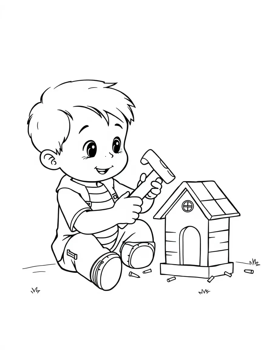 A boy playing with a toy hammer and nails, building a small house.