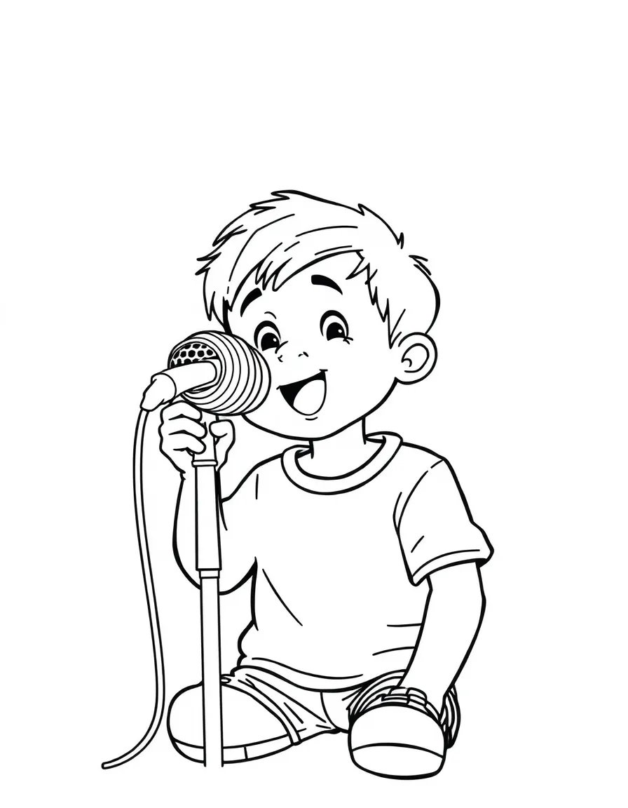A boy playing with a toy microphone, singing his favorite song.