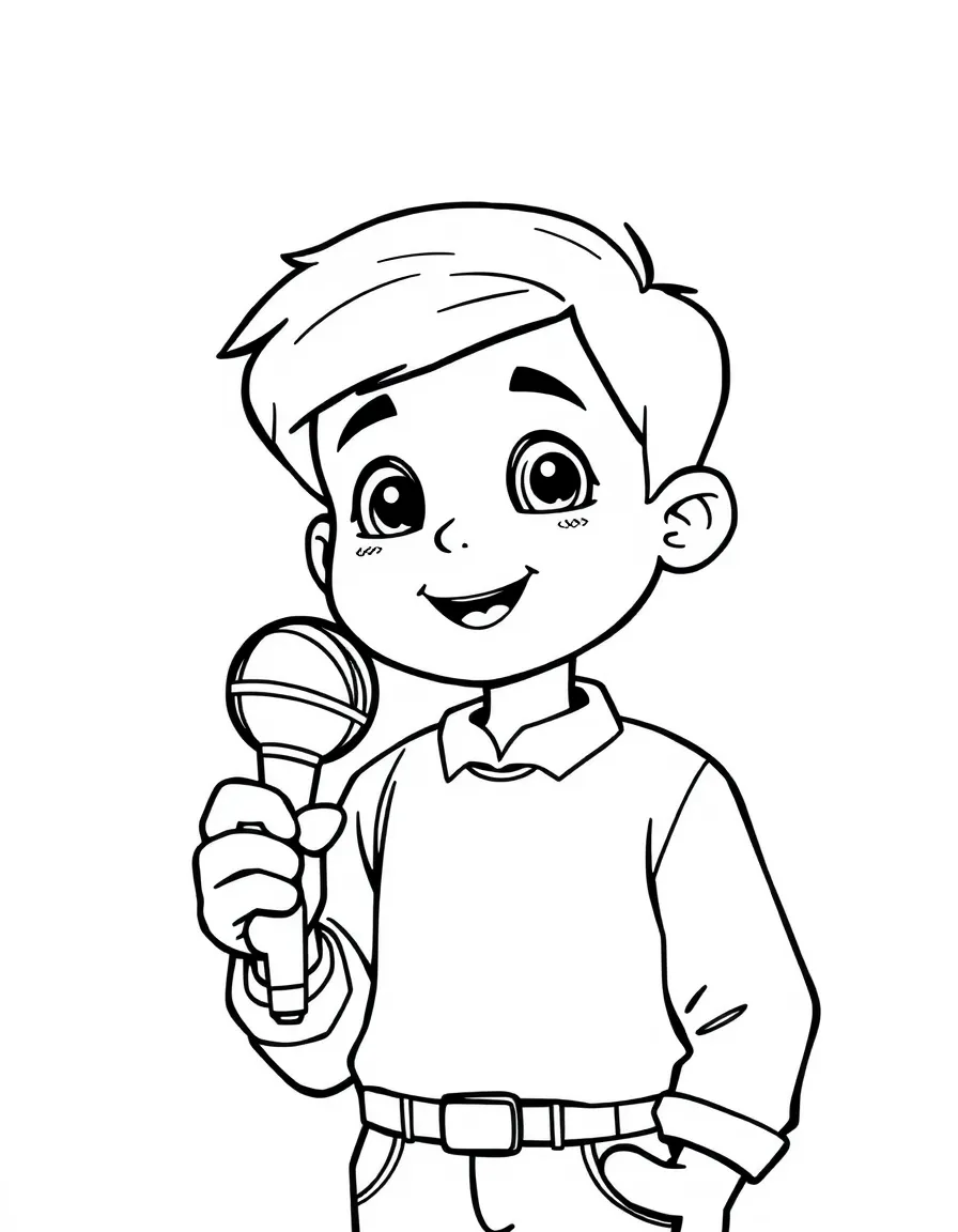 A boy pretending to be a news reporter, holding a toy microphone.