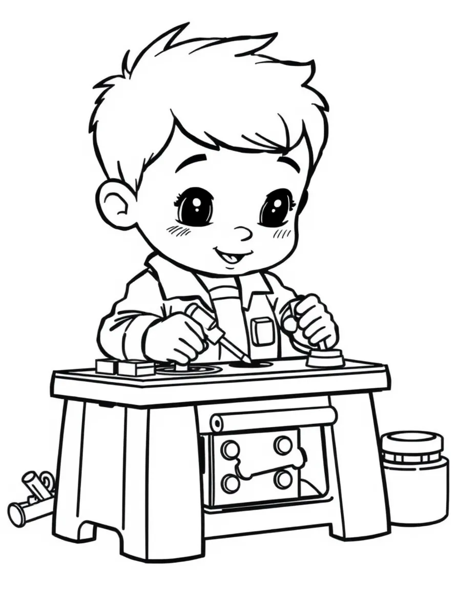A boy playing with a toy tool bench, using toy screwdrivers.