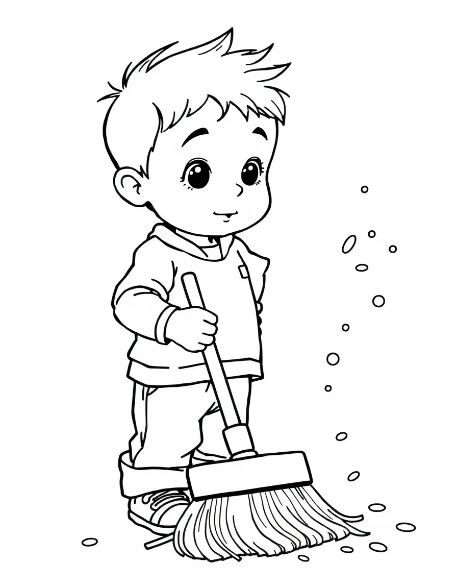 A boy playing with a toy broom, sweeping up imaginary dust.