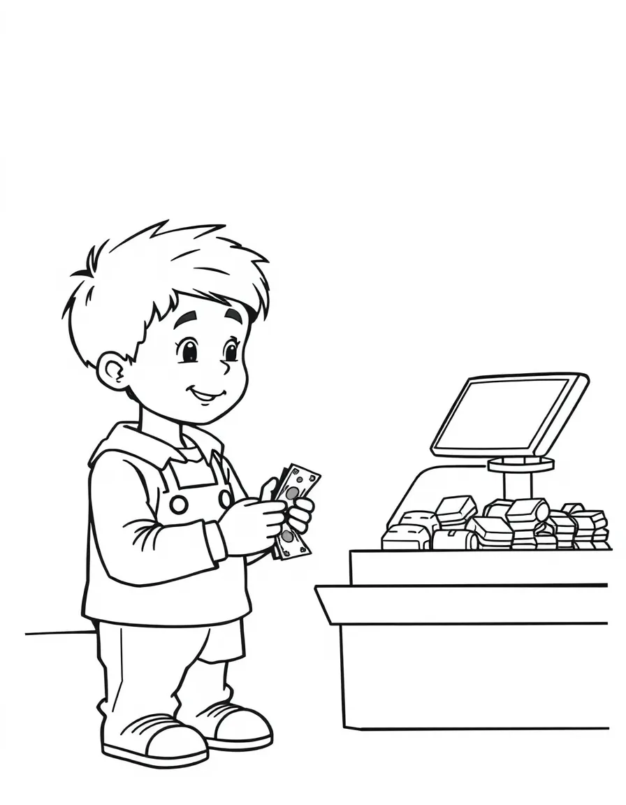 A boy pretending to be a cashier, counting toy money.