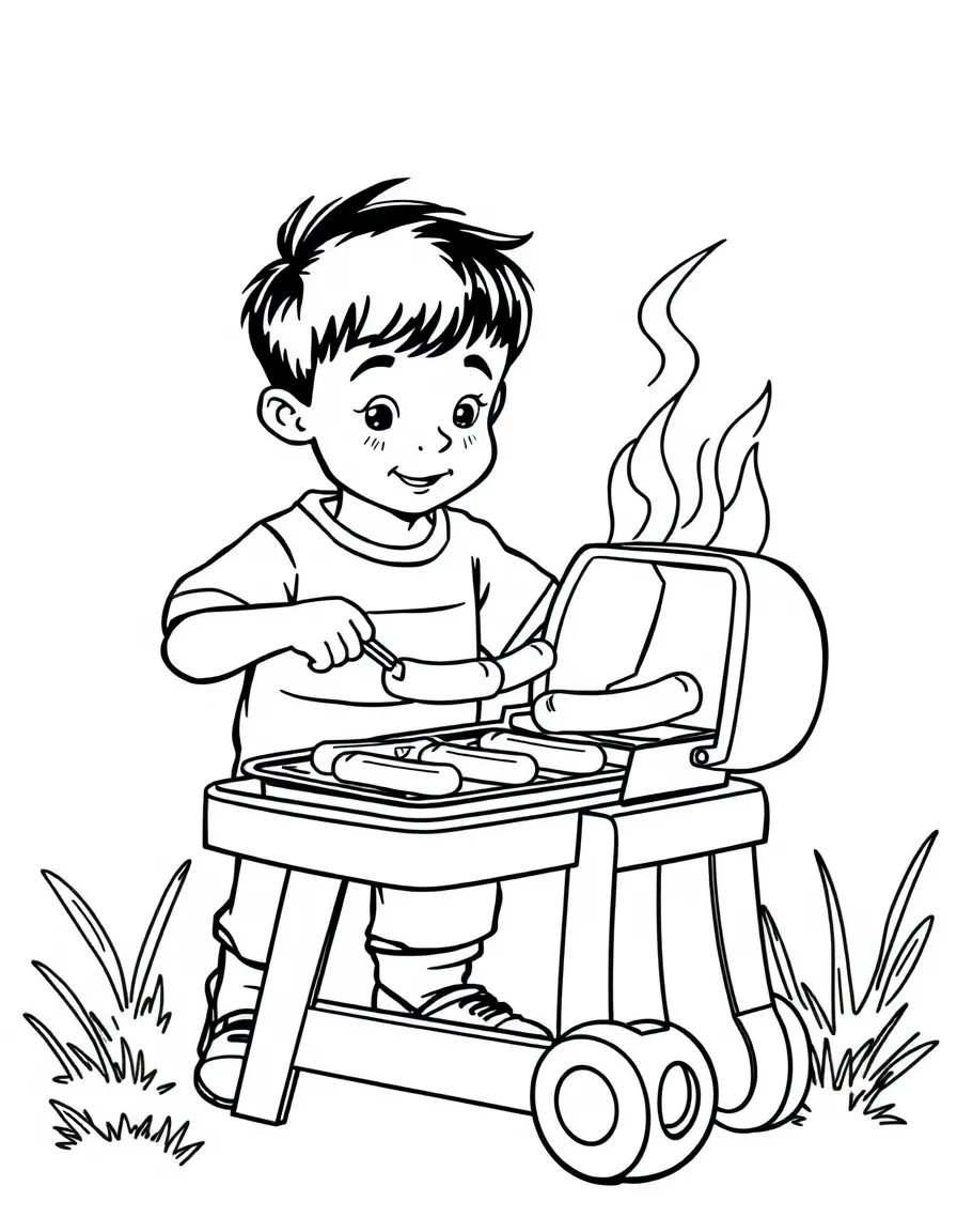 A boy playing with a toy barbecue grill, flipping pretend hot dogs.
