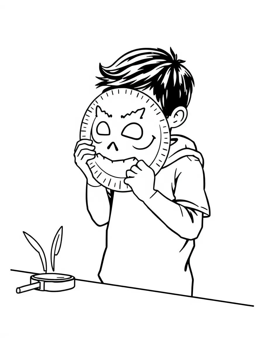 A boy making a paper plate mask.