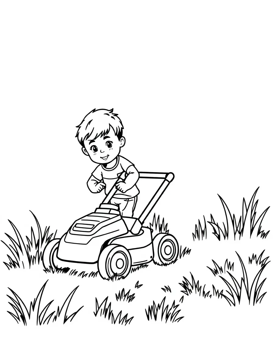A boy playing with a toy lawnmower, pushing it across the grass.