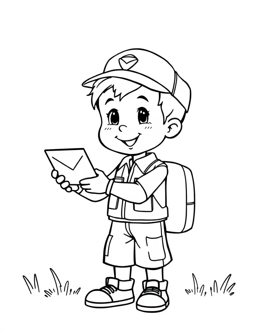 A boy pretending to be a mail carrier, delivering toy letters.