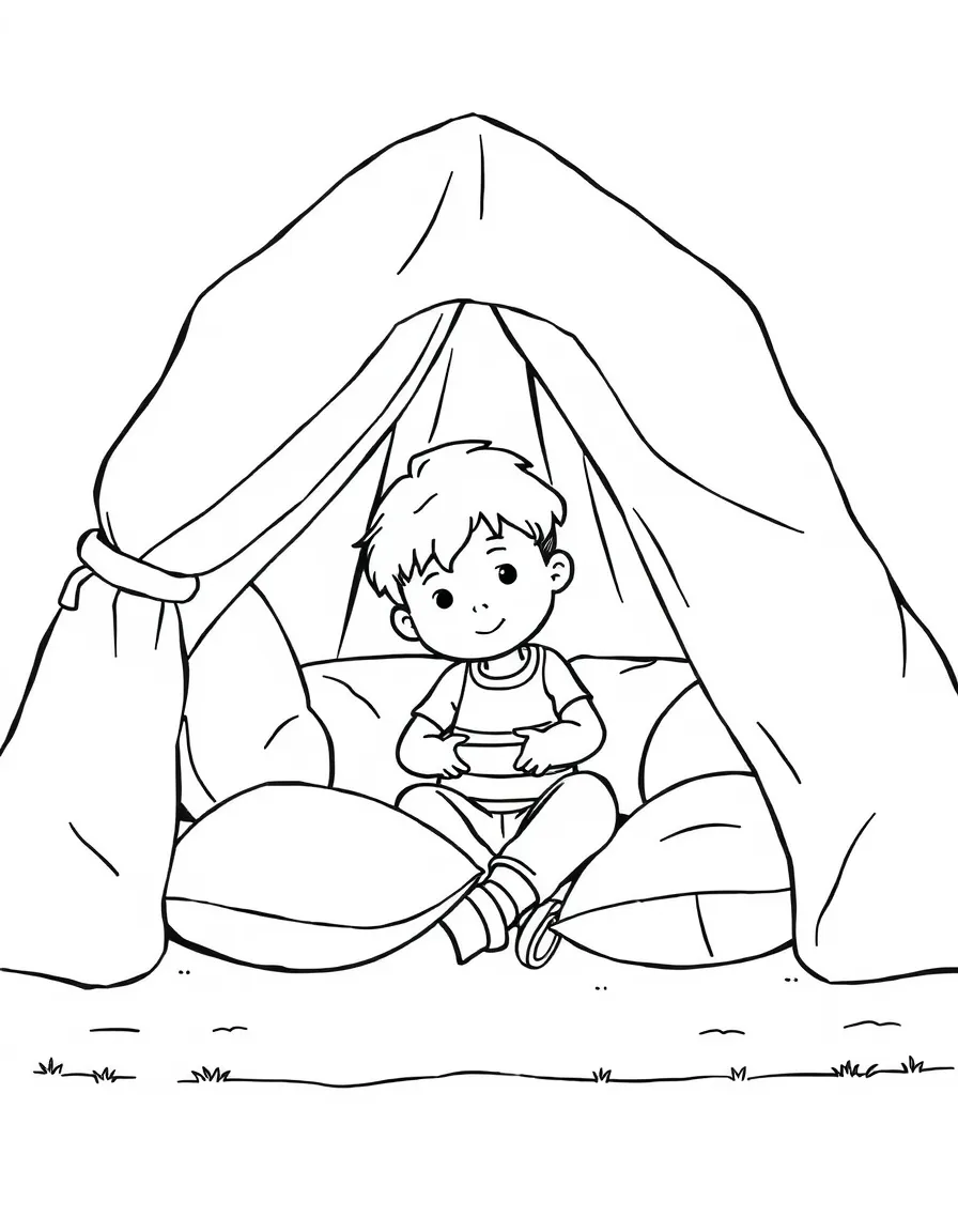 A boy making a "fort" out of cushions and blankets.