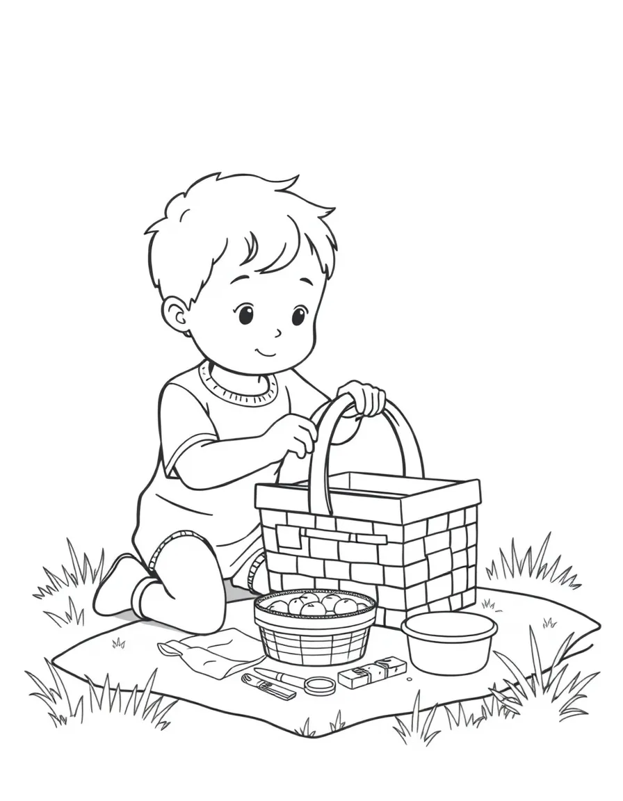A boy playing with a toy picnic basket, setting up a pretend picnic.