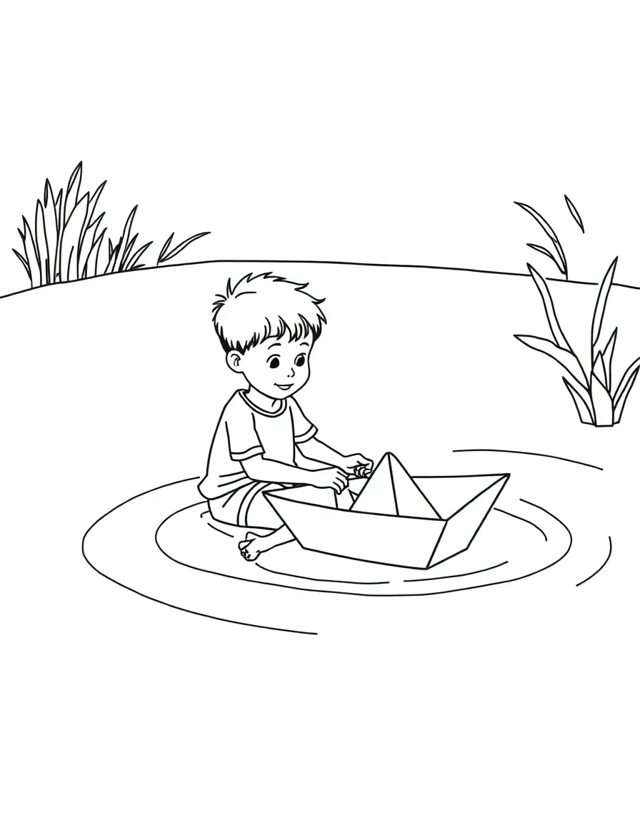 A boy making a paper boat race in a shallow pool.