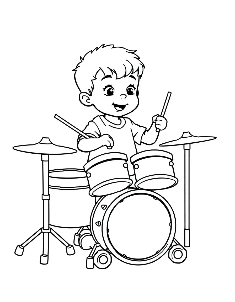 A boy playing with a toy drum set, banging on the drums.